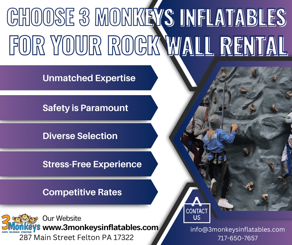 Choosing 3 Monkeys Inflatables for your rock wall rental nearby