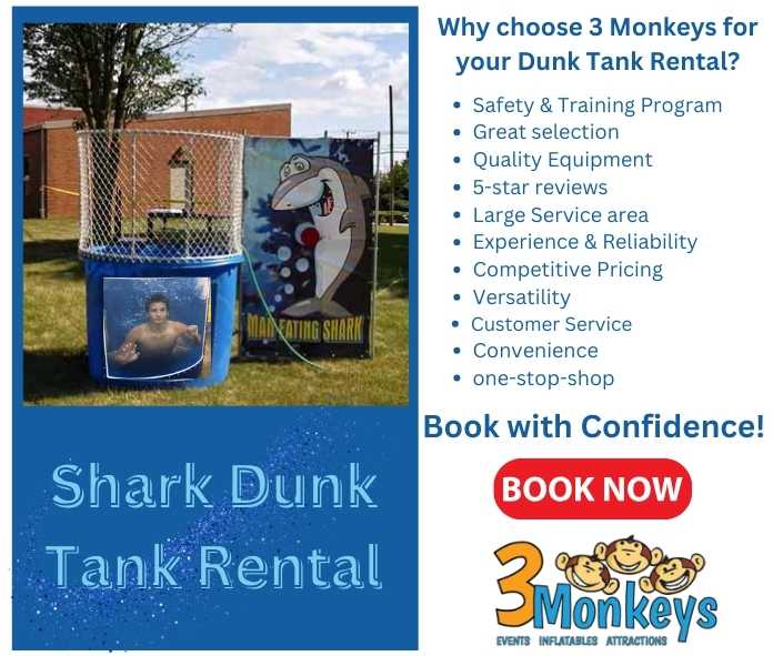 Book the Shark Dunk Tank Rental now with 3 Monkeys Inflatables
