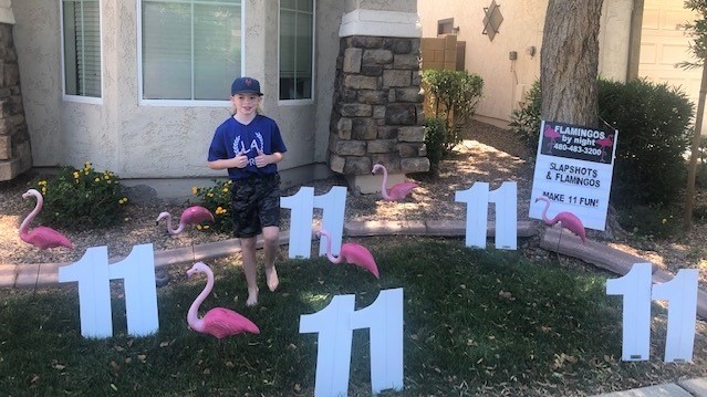 Birthday yard card sign display of big number 11s and rental flamingos in Scottsdale AZ