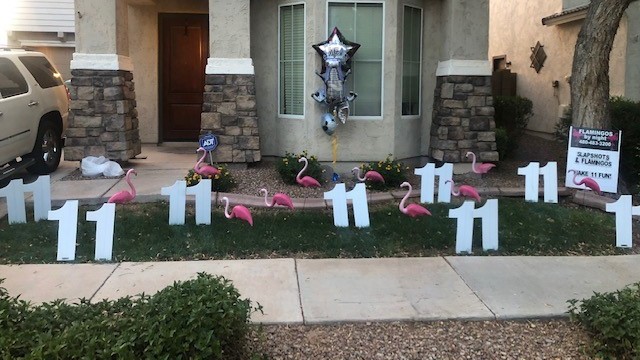 11th birthday yard card with big number 11s and flamingos near Chandler Heights AZ