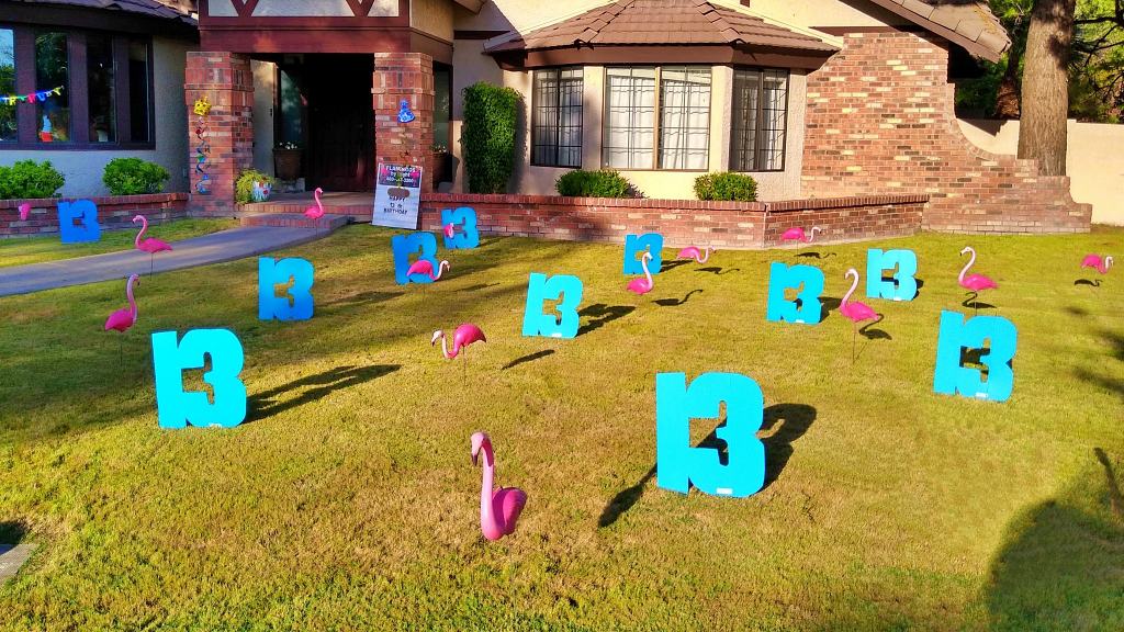 birthday flamingos with big number 13s in yard sign greeting near Moon Valley