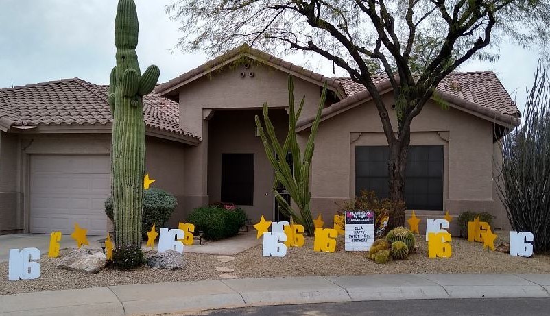 16th birthday surprise stars and big number 16s party yard decorations near Peoria AZ