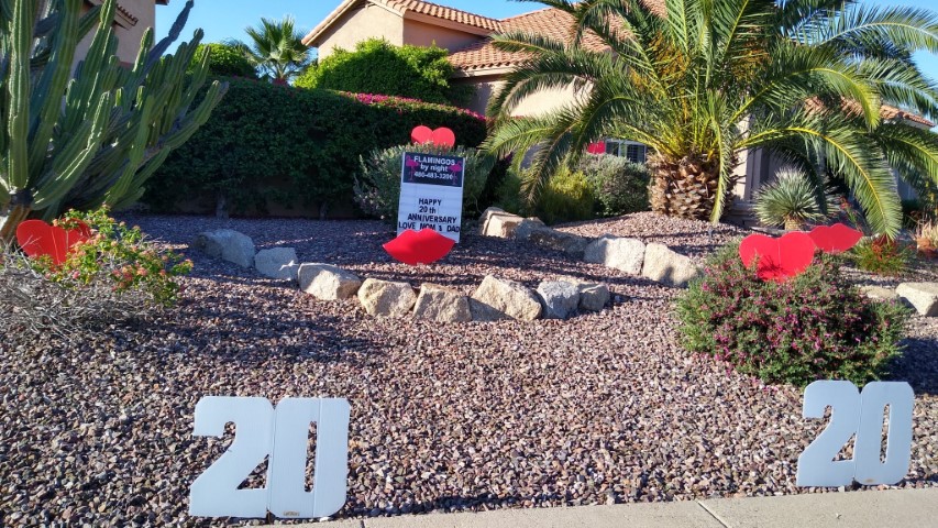 20th anniversary yard sign greeting with number 20s & heartsnear Cave Creek