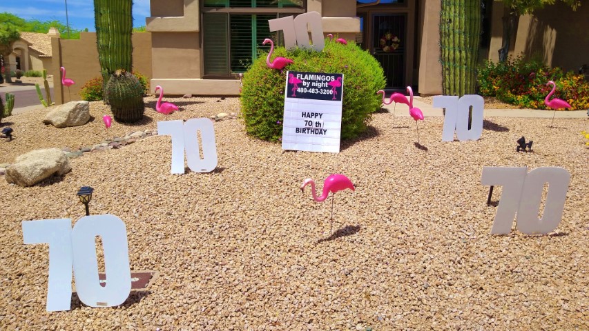 BIrthday lawn greeting display of glamingos and number 70s in Sun CIty West AZ