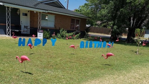 blue Happy Birthday letters & flamingos flocking in Glendale AZ