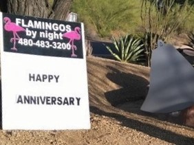 Happy anniversary yard sign for Flamingos By Night yard card sign rental service