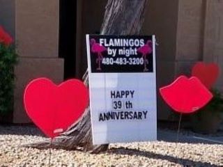 Happy anniversary yard sign with number of years for Flamingos By Night yard card sign rental service