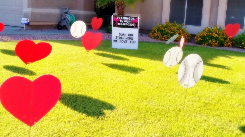 Happy Birthday yard sign display of golf baseballs and hearts with custom yard sign near Deer Valley AZ