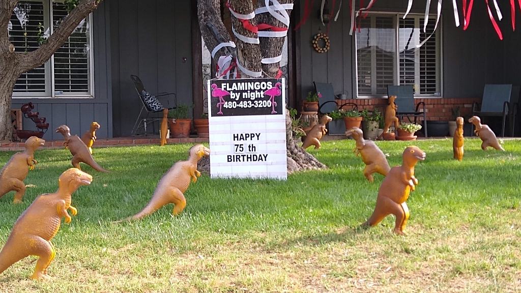 dinosaurs yard sign 75th birthday greeting in Mesa AZ
