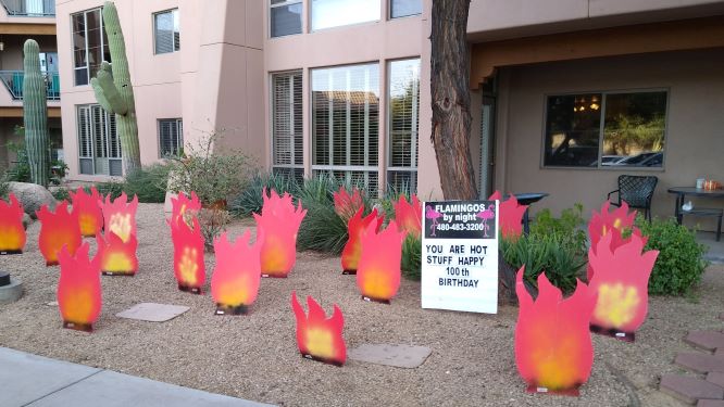 Hot Stuff 100th birthday flames yard signs near Scottsdale