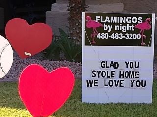 glad you stole home sign with hearts and baseballs lawn greeting