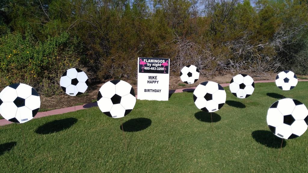 Happy Birthday yard sign display with 30 soccer balls in Scottsdale AZ
