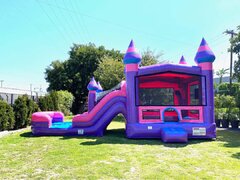 Pink and Purple Castle Inflatable Bounce House with Wet Slide